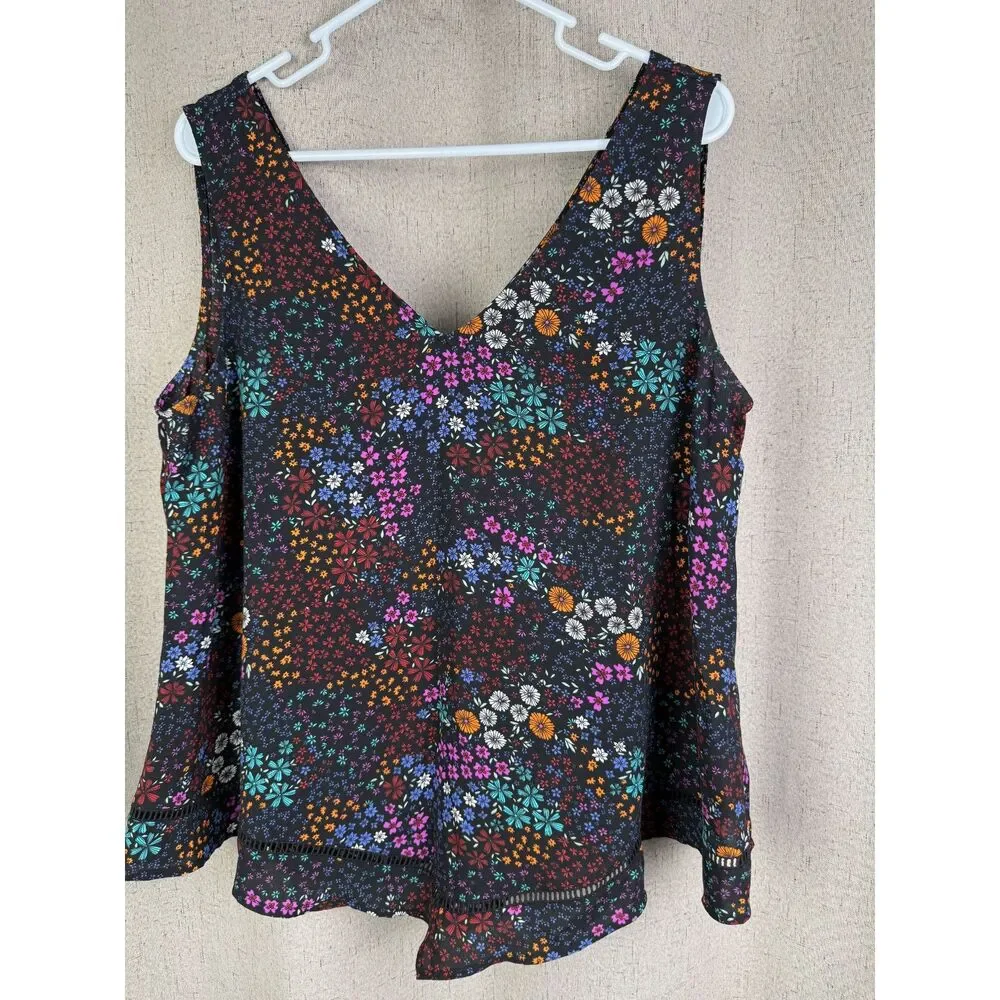 A.N.A‎ Black Multi Micro Floral V-Neck Tank Top Crochet Trim